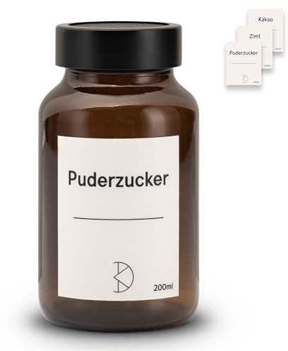 Koffs Design Épandeur de cacao et de sucre glace - Verre marron avec embout en acier inoxydable - Doseur de poudre de cacao, cannelle et sucre poussiéreux - 200 ml - Saupoudreur avec autocollants