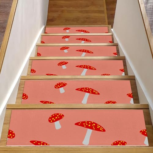 Alfombra roja de hongos para peldaños de escalera, 15 piezas de 8 x 30 pulgadas, para peldaños de madera en interiores, almohadillas antideslizantes para escaleras, protectores de escalones