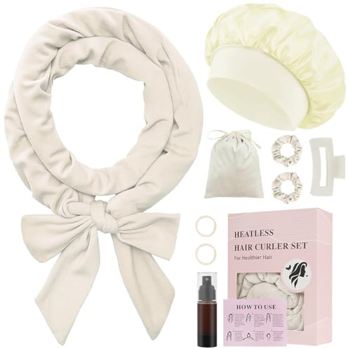 BUTBU 9 Stück Lockenwickler Über Nacht, Samt Heatless Overnight Curls Band, Locken Ohne Hitze, mit Schlafmütze, DIY Hair Curler Rollers Set, heatless curls für Langes Mittleres Haar(Khaki)
