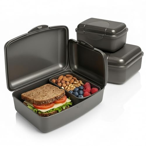 Hausfelder Brotdose Set Erwachsene, 18x14x6,5cm, Anthrazit | 18x14x6,5cm, für Büro, Schule & unterwegs, BPA-frei, spülmaschinenfest, stapelbar, Brotdose, Erwachsene, Lunchbox