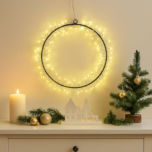 LED Kranz Lichterkranz aus Draht Türkranz Weihnachtskranz beleuchtet Fensterkranz Lichtkranz Dekokranz Batteriebetrieb (30cm)