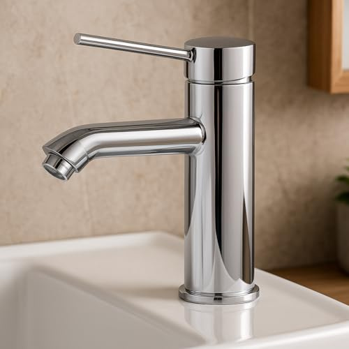 Rubinetto Miscelatore Lavabo Lavandino Bidet Bagno Cromato Altezza 17 cm con Tubi Flessibili e Kit Installazione Design Moderno per Bagno Domestico e Professionale