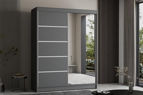 Krudox Grau Serie 120 cm Schiebetürenschrank Kleiderschrank mit Spiegel Breiten 100/120/150/180/200/250 cm Schlafzimmermöbel Mehrzweckschrank mit Kleiderstange