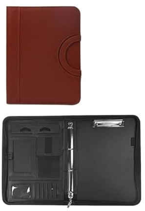Borsa portadocumenti in pelle, formato A4, con cerniera, per calcolatrice, conferenza, cartella, tablet, portatile, con manico circolare (marrone)