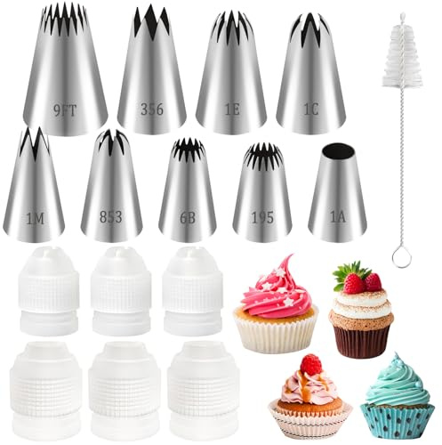 9 Stück Tüllen,6 Wiederverwendbare Kunststoff Kuchen Kupplungen und 1 Reinigungsbürste,Spritztüllen für Dekorieren Von Gebäck Torten Geeignet Keksen Cupcakes.16-teiliges Spritzbeutelset mit Adapter