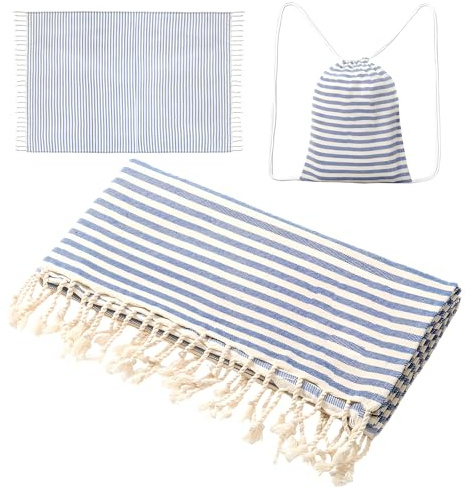 HSYTEK Strandtuch 100x180cm, Hamamtuch mit Beutel, Strandhandtuch Baumwolle, Schnelltrocknend Saunahandtuch, Weiches Saunatuch, Badetuch für Männer, Frauen (Himmelblau)