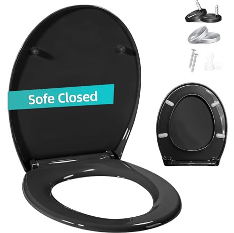 Shgjutop Toilet Seat Soft Close, Oval Soft Close Toilet Seat with Adjustable Hinges, Universal Quick Release Toilet Seats Lid in Sturdy Anti-Bacterial Premium PP Material, Black