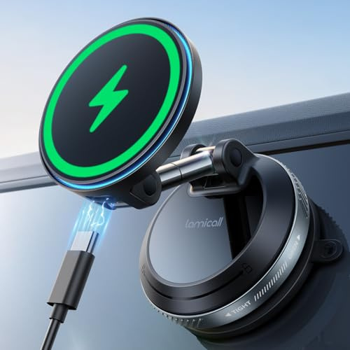 Lamicall for MagSafe Car Mount Charger, 15W Magnetic Wireless Car Charger, 70 Lbs Vacuum Suction Cup Phone Mount 360° Adjustable with Dual USB-C Ports, for iPhone 17 Pro Max 16 15 14 13 12 - Black