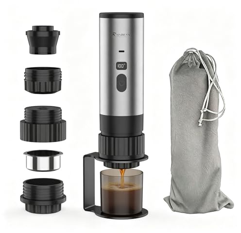 RAINBEAN Portable Electric Espresso Maker,2-in-1 Travel Coffee Maker for Ground/NS&DG Capsules, Car Espresso Machine Self-Heating for Camping, RV, Hiking, Office