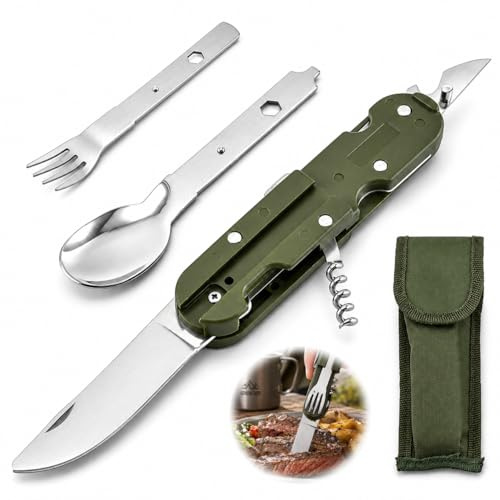 Vaisselle Pliante en Acier Inoxydable 5 en 1, Couverts de Camping Pliants, Ensemble Multifonction Portable avec Fourchette, Cuillère, Couteau et Décapsuleur pour Voyage, Pique-Nique et Randonnée