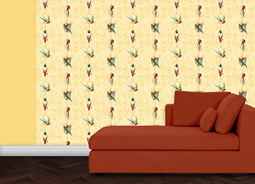 gelbe, sonnige Vogel Tapete Birds on a string mit Papageien auf Barock Muster - Ornament Vliestapete Streifen,GMM Design Deko für edle Wände (H: 2,6m B: 46,5cm)