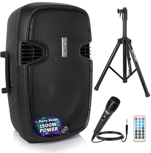 Pyle Wireless Portable PA Speaker System - 1500W High Powered Bluetooth Compatible Active Outdoor Sound Speakers w/USB SD MP3 RCA - 35mm Mount, Stand, Microphone, Power Cable - Pyle PPHP155ST