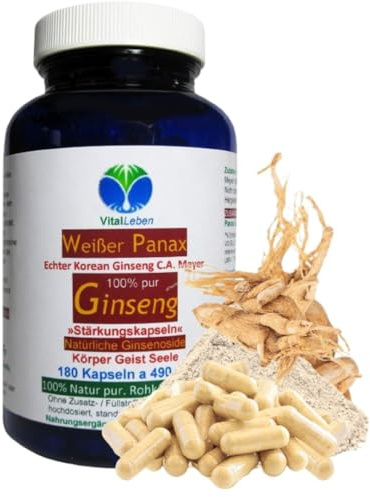 KOREA weißer PANAX GINSENG C.A. Meyer 180 Pulver Kapseln OHNE ZUSATZSTOFFE 100 % Natur pur ca. 20 % Ginsenoside. Traditionell geschätzt für Vitalität, Fokus & Ausdauer. 26775-180