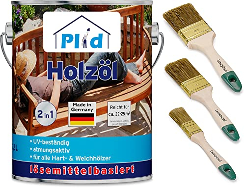 Plid® Holzöl Pflegeöl Holzschutz Imprägnieröl Gartenmöbel Teakholzöl Holzlasur Holzschutzöl Holzpflegeöl Holz Öl Außen zum Holzschutz für alle Hart- und Weichhölzer Bankirai 2,5l - Pinselset