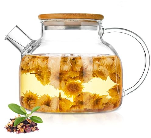 JOUALY Glass Teapot 34oz/1000ml, Stovetop & Microwave Safe Borosilicate Tea Pot,Clear Teapot with Strainer, Glass Tea Kettle with Wooden Lid for Loose Leaf、Fruit Tea and Fragrant Tea