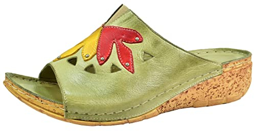 Gemini Damen Pantolette Aufnäher Nieten Keilabsatz Korkoptik 336003-02, Größe:41 EU, Farbe:Grün