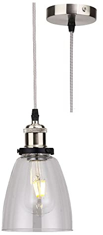 Britalia Brushed Chrome & Clear Conical Tulip Glass Vintage Retro Pendant Ceiling Light | 14cm Diameter | Silver Braided Cable | 1 x ES E27 Lamp Bulb Required | 240 Volts | Bedroom - Lounge - Kitchen