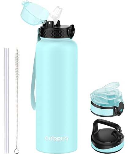 GOPPUS 1.2L/40oz Stainless Water Bottle with Straw Double Wall Insulated Bottles with Strap Large Vacuum Thermal Flask Leakproof Keep Cold Drinks Bottles with Flip Top Lid for Men Women BPA Free