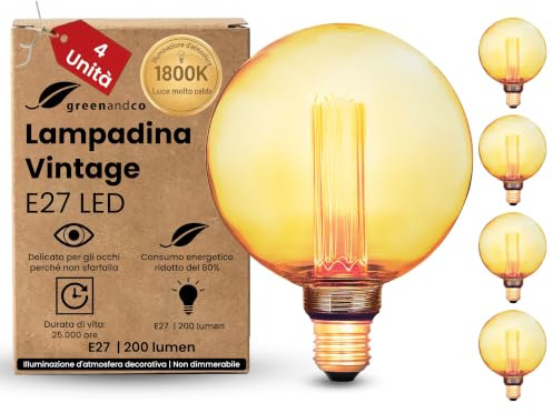 greenandco 4x dekorativ LED-glödlampa i vintage-stil | E27 G125 | Bärnsten | 4W 200lm | 1800K Extra varmvitt | 320° | 230V | Flimmerfri | Ej dimbar