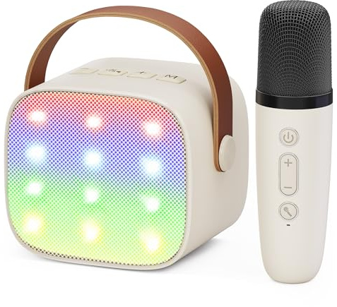 Karaoke Maschine Kinder Mini Karaoke Maschine mit 1 Mikrofon Bluetooth-Lautsprecher mit LED-Lichtern und Stimmenverzerrer, Geschenk für Mädchen 3, 4, 5, 6, 7, 8, 9,10,11,12+ Jahre (Beige)