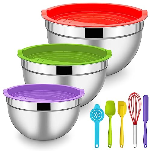 Herogo Mixing Bowls with Airtight Lids, 3-Piece Stainless Steel Nesting Set & 5-Piece Silicone Accessories, Metal Salad Bowls for Baking Preparing Serving, Space-Saving Storage, 1.2/2.6/4.5 QT