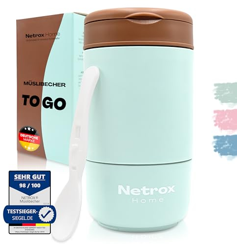 Netrox - Tazza Cereali To Go Con cucchiaio e contenitore estraibile - Contenitore Yogurt da asporto - Per zuppe yogurt muesli - Anche per i bambini - tazza portatile, contenitore, cereal cup