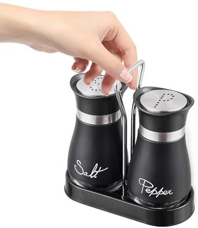 2 Pcs Salt Pepper Shakers Set - Salt Dispenser with Holder, Stainless Steel and Glass Container, Refillable Condiment Pots for Kitchen and Barbecue, Stainless Steel Silver
