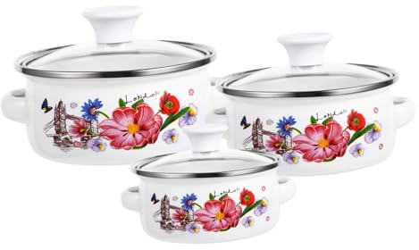 STOBAZA 3pezzi Pentole Smalto Pentola per Latte e Zuppe Design Due Manici Fondo Piatto per Cottura Uniforme Compatibile con Piano Induzione e Elettrico