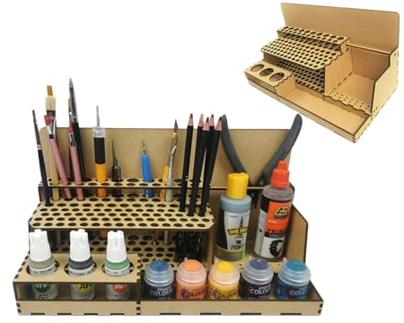 HobbyHold Organizer in legno: 97 slot porta utensili/pennelli per modellismo, matite colorate e pennelli da trucco, supporto multifunzione e ripiano per pennelli, grande organizer per accessori per
