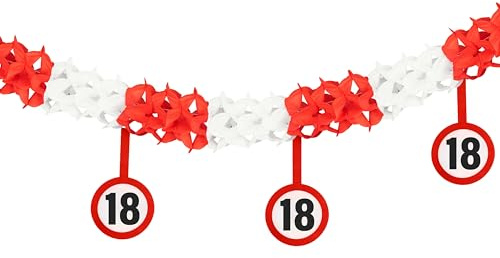 Tiwoca Deko zum 18. Geburtstag - rot-weiße Girlande mit Verkehrszeichen | 400cm lange, gebauschte Girlande aus Papier und Pappe mit 12 Schildern in Verkehrszeichen-Optik zum Aufhängen