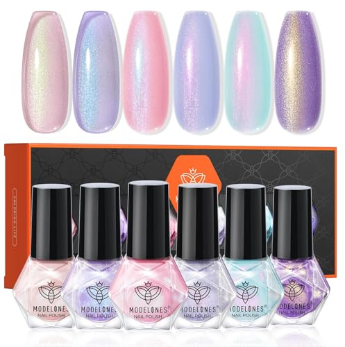 modelones Nagellack Set, 6 Farben Nagellack Schnelltrocknend Charme Rosa Blau Gold Lila Grün Aurora Nail Polish Set, Langanhaltender Gel Polish Set für DIY Salon Geschenk Maniküre