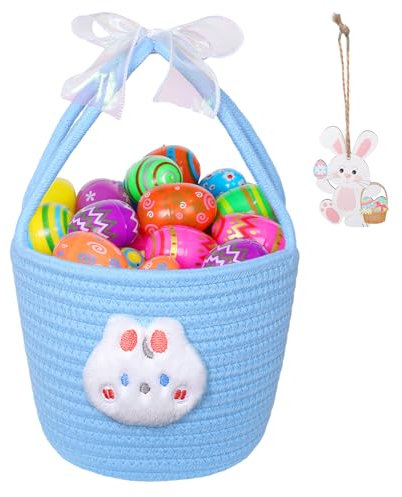 Cestini Pasquali per Bambini, Cestino per Uova di Pasquale con Manici Cestino Coniglietto Caccia per Regalo Caccia alle Uova di Pasqua di Bambini Festa di Pasqua (Cestino blu + coniglietto bianco)