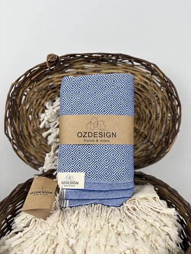 OZDESIGN DILAY Turkish Towel – 100% Cotton Peshtemal, 100x180 cm – Quick Dry, Lightweight, Highly Absorbent Hammam Towel for Bath, Beach, Spa & Travel (1, Blue)