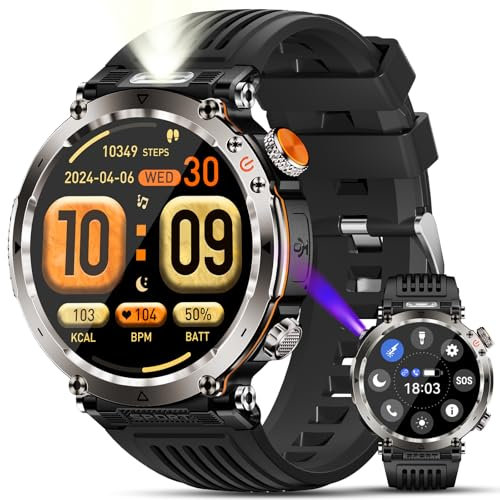Marsyu Montre Connectée Homme avec Lampe de Poche,1.7 Militaire Smartwatch(Noir)