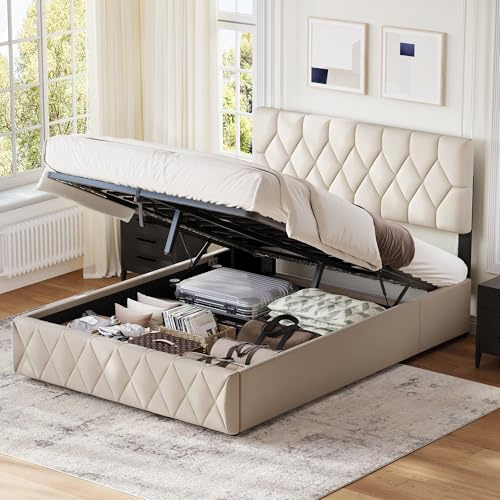 Besbed Ottoman Double Bed Frame, 4ft6 Upholstered Storage Bed with Slats and Headboard, Velvet Fabric,Without Mattress (Cream, 135 x 190 cm)