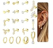 LOLIAS 20Pcs Helix Piercings Gold Chirurgenstahl Ohrringe Damen Flatback Ohrstecker Knorpel Ohrpiercing Set Klein Ohrring mit Flachem Verschluss Creolen Conch Helix Tragus Piercing Ohr Gold Schmuck
