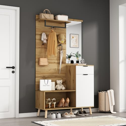 LINKHOO Ensemble de vestiaire, Bois Multifonctionnel, avec Miroir, Banc à Chaussures, Armoire à Chaussures, tiroir, étagère et patères, avec charnières hydrauliques, 104 * 37 * 190 cm, chêne