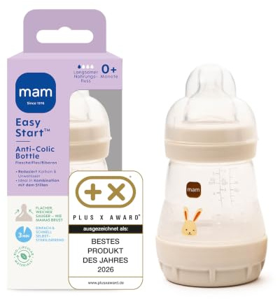 MAM Easy Start Anti-Colic Babyflasche 160 ml, 0+ Monate, Gr. 1, Hase | Selbst-sterilisierend in der Mikrowelle in 3 Min, Anti-Kolik-Bodenventil, brustähnlicher SkinSoft Sauger, ab Geburt