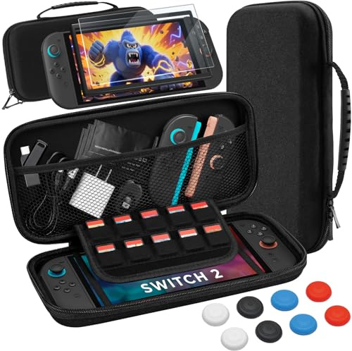 PALPOW Pochette Switch 2 avec Nintendo Switch 2, Housse de Transport Rigide et Fine avec Verre trempé, 8 Grips pour Les Pouces, kit Console Switch 2 10 en 1, 10 emplacements pour Cartes de Jeu