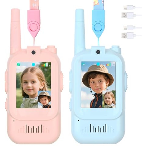 Video Walkie Talkie, 2er Pack, Walkie Talkie Kinder Aufladbar, Walky Talky Kinder 150M Funkreichweite, Kinder, 4 lustige Stimmverzerrungseffekte, Spielzeug ab 3 Jahre