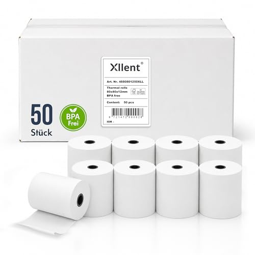 Xllent Thermorollen 80mm x 80mm x 12mm - 50 Stück, Kassenrollen aus Thermopapier, Bonrollen Thermo, hochwertige Thermopapierrollen für Registrierkasse, BPA frei
