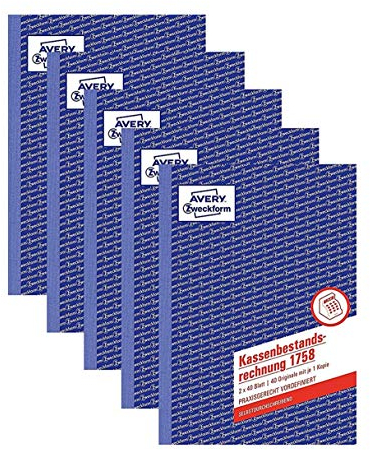AVERY Zweckform 1758 Kassenbestandsrechnung 2x40Blatt, weiß/gelb (5 Stück)