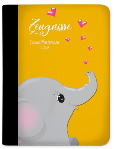 CreaDesign Customize A4 Zeugnismappe für Kinder - 26.7 x 32.7 x 1 cm, erweiterbar auf bis zu 20 Fächer, Sichtbuch ohne Klarsichthüllen, Elefant Gelb Design, Dokumentenmappe für Schüler