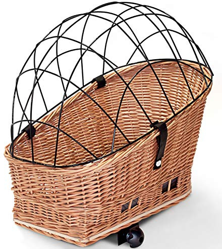 Tigana - Hundefahrradkorb für Gepäckträger aus Weide Natur 56 x 36 cm mit Metallgitter Tierkorb Hinterradkorb Hundekorb für Fahrrad (N-S) (XL ohne Kissen)