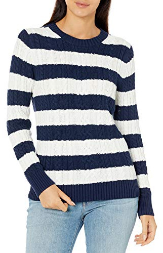 Amazon Essentials dam fiskarkabel långärmad tröja med rund hals (finns i plusstorlek), marinblå vit rugbyremsa, X-Large