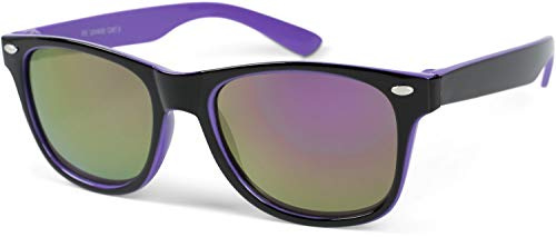 styleBREAKER Gafas de sol Kids Nerd con montura de plástico y lentes de policarbonato, diseño clásico retro 09020056, color:Montura negro-púrpura/vidrio púrpura reflejado
