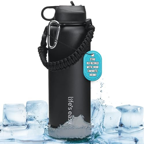 Life's Easy - Straw Lid Bottle w/Paracord Carabiner Handle Carrier, Silicone Sleeve, 40 oz. Insulated Flask for Hot and Cold Drinks (40oz, Black)