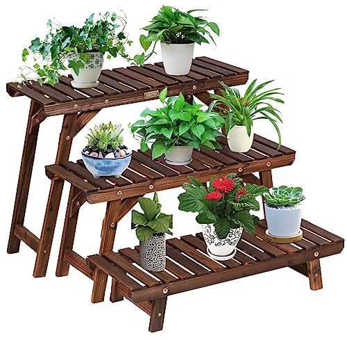 COSTWAY 3tlg. Blumenständer Holz, pflanzenständer Blumenregal, 14/34/53 cm hoch, Blumenbank freistehend, Blumentreppe Balkon Garten, Pflanzenregal Holzregal, Leiterregal Indoor Outdoor, Natur