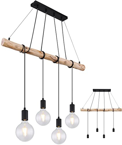 INNOVATE Pendelleuchte Holz 4 flammig 90cm Hängelampe Höhenverstellbar 60W | Vintage Holzbalken Rustikal Pendellampe Aluminium Schwarz 4x E27 Fassung bis 60W I Retro Hängeleuchte 140cm