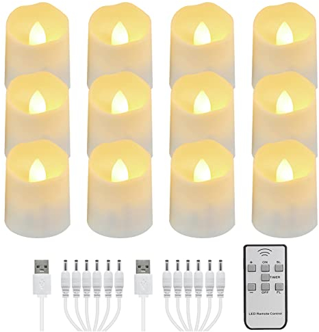 FREEPOWER 12 Bougies Chauffe Plat LED Rechargeables avec Télécommande, Minuterie, électrique Flamme Vacillante, Blanc Chaud, avec Câbles USB, Décoration Noël Halloween Fête Famille, 4 x 4.5cm
